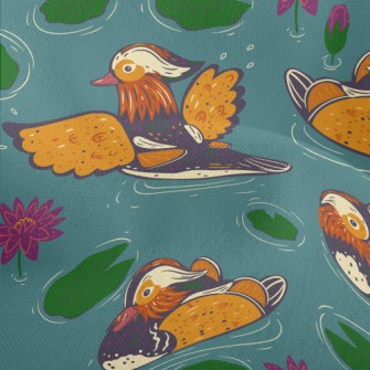 Hand Drawn Mandarin Ducks And  Lightweight Performance Linen