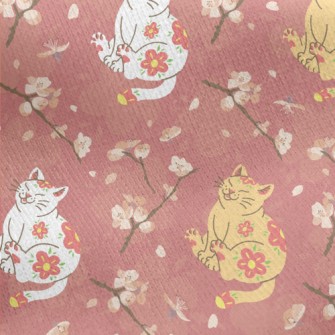 Japanese Cat And Flowers Jersey Backed Fleece