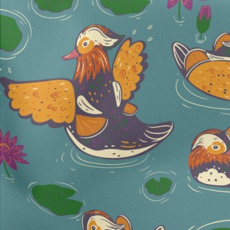 Hand Drawn Mandarin Ducks And  Lightweight Cotton Poplin