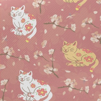 Japanese Cat And Flowers Midweight Cotton Poplin