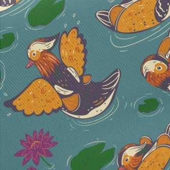 Hand Drawn Mandarin Ducks And  Midweight Cotton Poplin