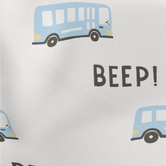 Hand Drawn Blue Bus Lightweight Cotton Poplin