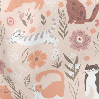 Cuddly Cat And Flowers Lightweight Cotton Poplin