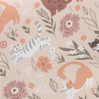 Cuddly Cat And Flowers Midweight Cotton Poplin