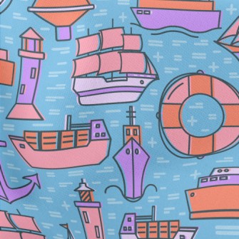 Cartoon Style Ship Lightweight Cotton Poplin