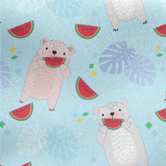 Cute Little Bear Eating Waterm Jersey Backed Fleece