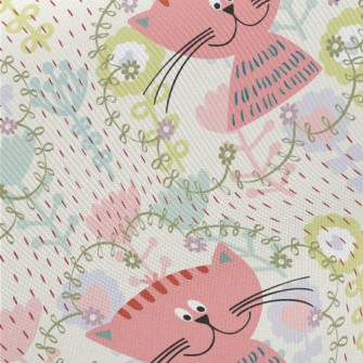 Pink Cat In The Flowers Midweight Cotton Poplin