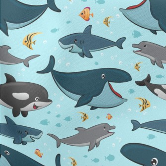 Cartoon Smiling Marine Life Lightweight Cotton Poplin