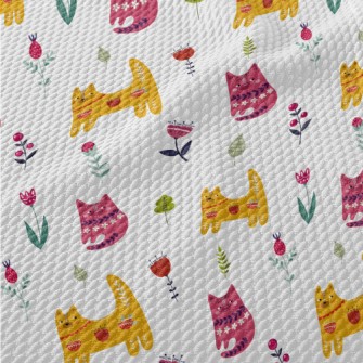 Colorful Cats And Flowers Birdseye Piqué