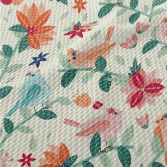 Colorful Birds And Flowers In  Birdseye Piqué