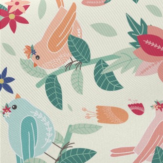 Colorful Birds And Flowers In  Twill