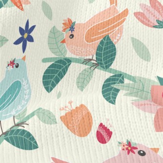 Colorful Birds And Flowers In  Stretch Jersey