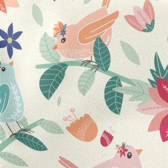 Colorful Birds And Flowers In  Lightweight Cotton Poplin