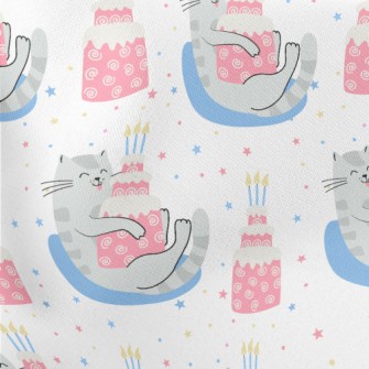 Greedy Cat Holding Cake Lightweight Cotton Poplin