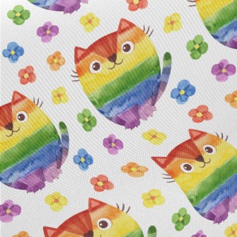 Rainbow Cat Watercolor Flowers Twill