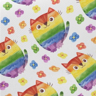 Rainbow Cat Watercolor Flowers Midweight Cotton Poplin