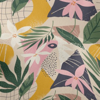 Collage Flowers Leaves Lightweight Performance Linen