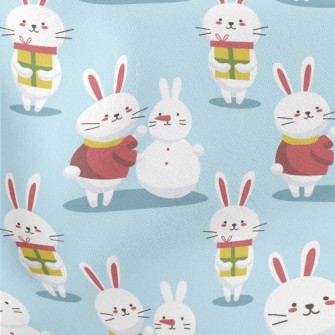 Christmas Bunny Making A Snowm Lightweight Cotton Poplin