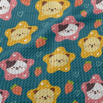 Cute Cat And Strawberry Heart Birdseye Piqué