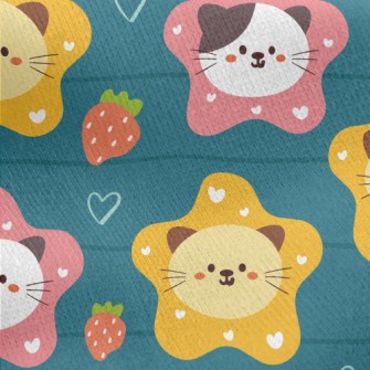 Cute Cat And Strawberry Heart Jersey Backed Fleece