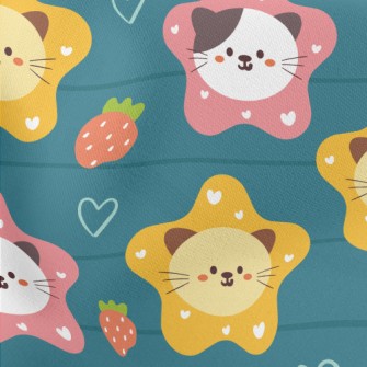 Cute Cat And Strawberry Heart Lightweight Cotton Poplin