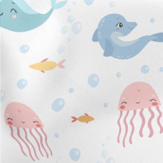 Cute Whale Dolphin Jellyfish Lightweight Cotton Poplin