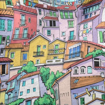 Crowded Colorful House Minky