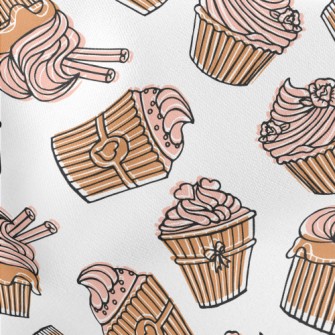 Hand Drawn Pink Flower Cupcake Lightweight Cotton Poplin