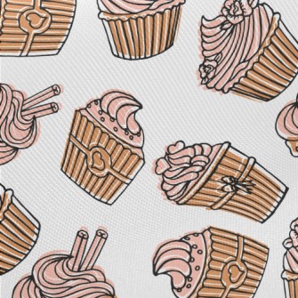 Hand Drawn Pink Flower Cupcake Midweight Cotton Poplin