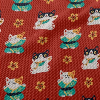 Lucky Cat And Sakura Birdseye Piqué
