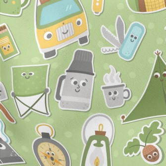 Cartoon Style Camping Fun Lightweight Cotton Poplin