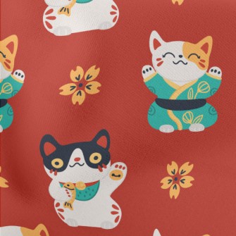 Lucky Cat And Sakura Lightweight Cotton Poplin