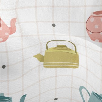 Hand Drawn Teapot Grid Lightweight Performance Linen