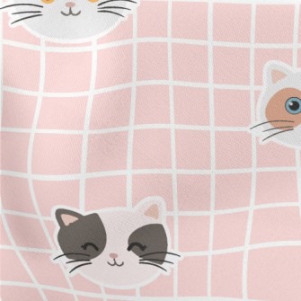 Plaid With Cute Cats Lightweight Cotton Poplin