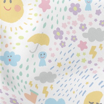 Hand Drawn Playful Sun Clouds Lightweight Cotton Poplin