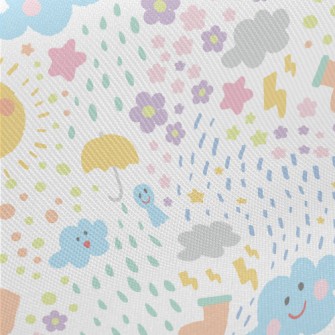 Hand Drawn Playful Sun Clouds Midweight Cotton Poplin