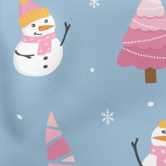 Pink Christmas Tree Snowman Lightweight Cotton Poplin