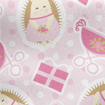 Pink Hedgehog And Baby Carriag Jersey Backed Fleece