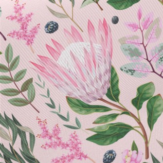Pink Flowers Leaves Berries Twill