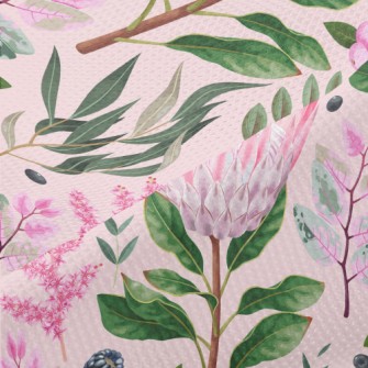 Pink Flowers Leaves Berries Piqué