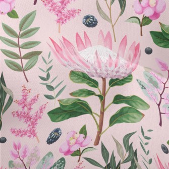 Pink Flowers Leaves Berries Lightweight Performance Linen
