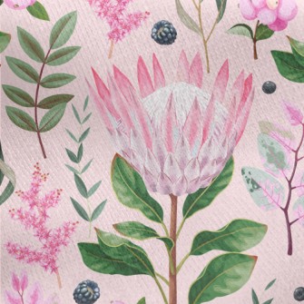 Pink Flowers Leaves Berries Jersey Backed Fleece