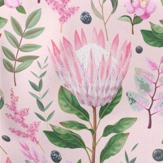 Pink Flowers Leaves Berries Lightweight Cotton Poplin