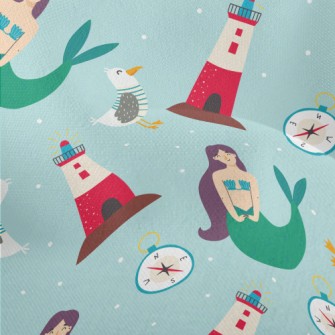 Mermaid And Seagull Lighthouse Lightweight Performance Linen
