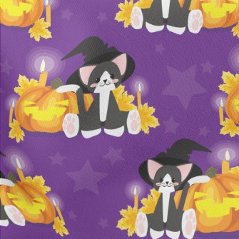 Witch Cat And Evil Pumpkin Lightweight Cotton Poplin
