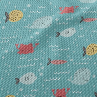 Whales And Fish Swimming In Th Birdseye Piqué