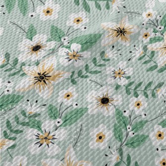 Colorful White Flowers And Gre Birdseye Piqué