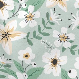 Colorful White Flowers And Gre Lightweight Cotton Poplin