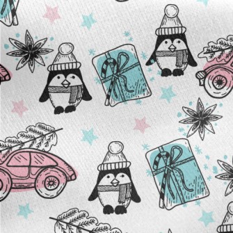 Christmas Penguin And Gift Car Jersey Backed Fleece