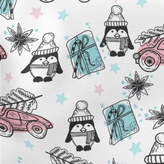 Christmas Penguin And Gift Car Lightweight Cotton Poplin